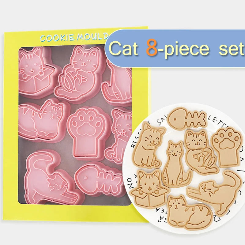 Juego de moldes para galletas con forma de garra de gato, forma de espina de pescado, sello para galletas, herramientas para decorar pasteles con fondant, plástico 3D de presión manual, 8 piezas 