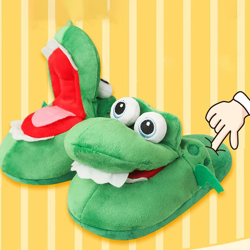 Cartoon Crocodile Cotton Slippers with Movable Mouth, Funny Home Shoes, Winter Warm Shoes, Christmas Gift for Men and Women 