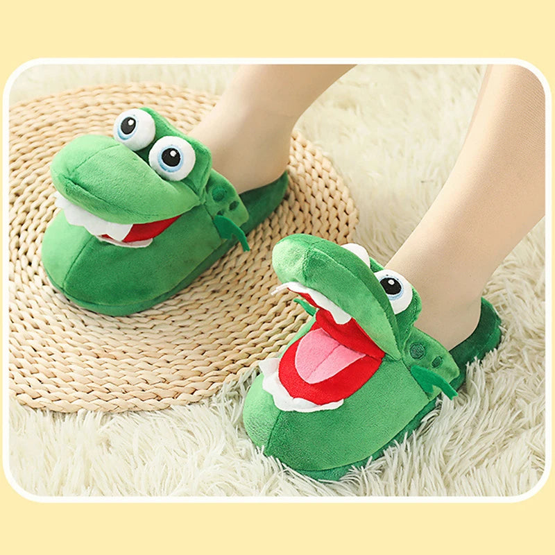 Cartoon Crocodile Cotton Slippers with Movable Mouth, Funny Home Shoes, Winter Warm Shoes, Christmas Gift for Men and Women 