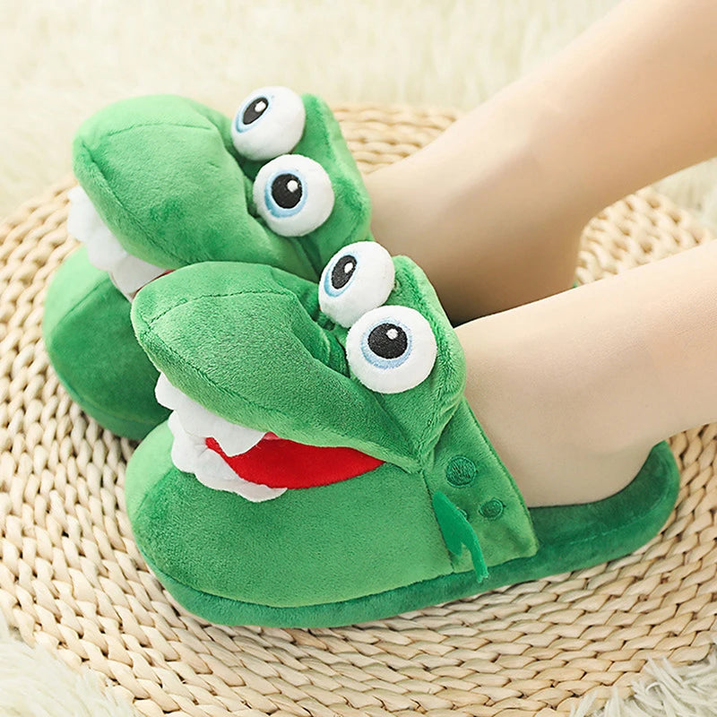 Cartoon Crocodile Cotton Slippers with Movable Mouth, Funny Home Shoes, Winter Warm Shoes, Christmas Gift for Men and Women 