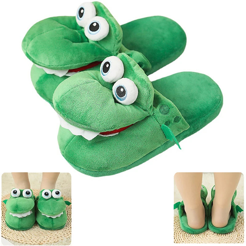 Cartoon Crocodile Cotton Slippers with Movable Mouth, Funny Home Shoes, Winter Warm Shoes, Christmas Gift for Men and Women 