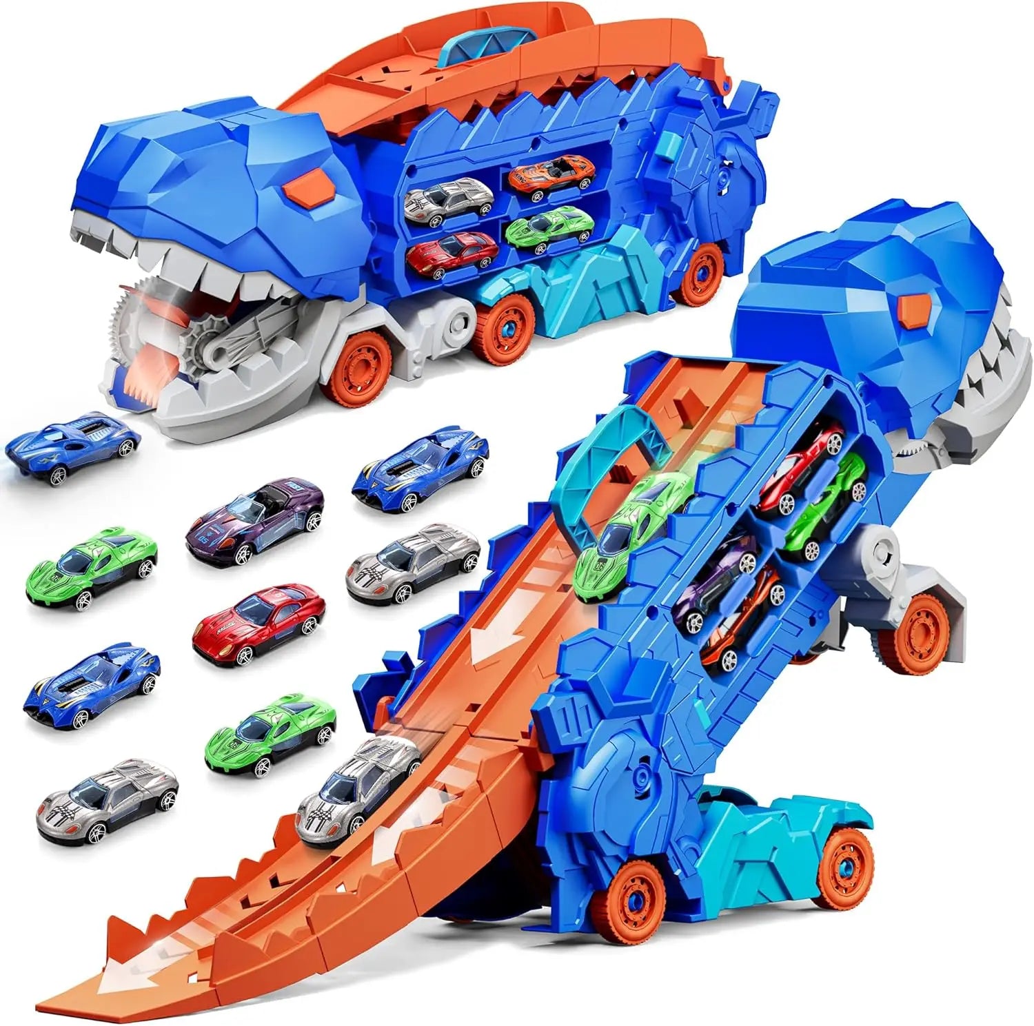 Camión transportador de dinosaurios de juguete, pista plegable, transporte de aleación, coche de juguete, regalo para niños pequeños. 