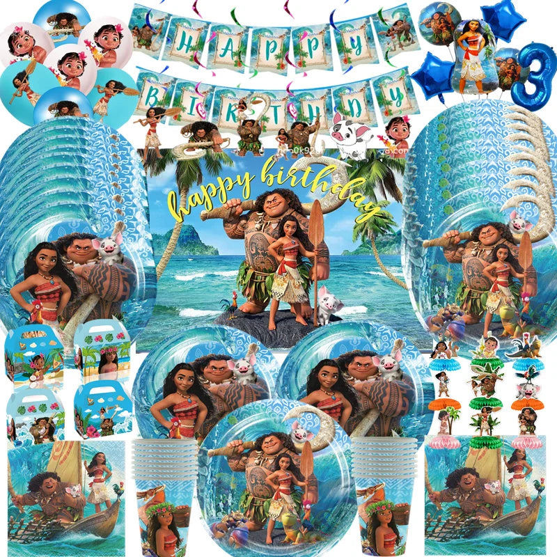 Disney-Moana Birthday Party Decorations, Balloons, Disposable Tableware, Cup, Plate, Baby Shower Toys, Celebration Supplies 