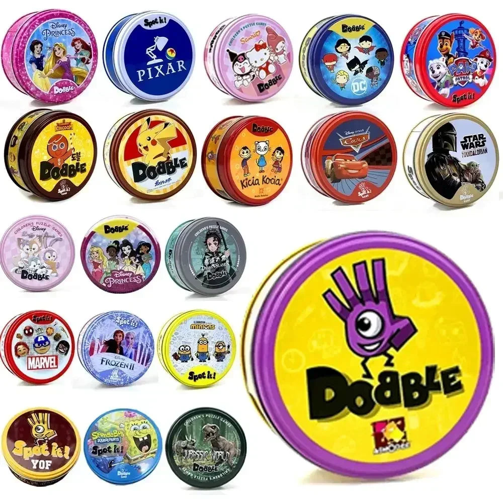 Dobble card game para crianças, duplo cartão juego, caixa de metal, para crianças, 28 estilos