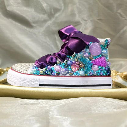 Dollbling Shell Simulação Sapatos de lona, DIY Bling Handmade Shoes, tema sereia, Kids High Top Pearls Sneakers, sob o mar