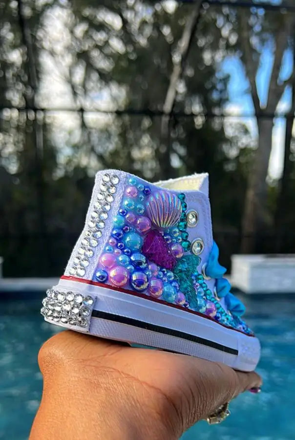 Dollbling Shell Simulation Canvas Shoes, DIY Bling Handmade Shoes, Mermaid Theme, Kids High Top Pearls Sneakers, Under the Sea 