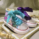 Zapatos de lona con imitación de concha de Dollbling, zapatos hechos a mano con brillo, temática de sirena, zapatillas altas con perlas para niños, bajo el mar 