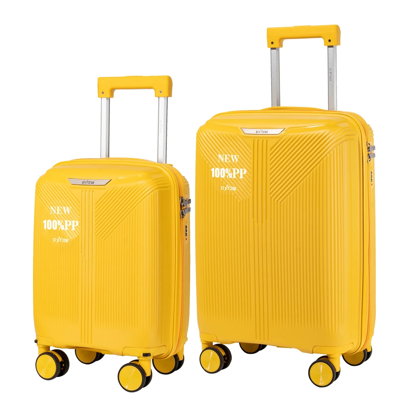 S7 STAR 2-piece suitcase set with lightweight polypropylene, featuring silent spinner wheels, 3-height lockable handle, combination locks, and a toiletry bag, ideal for travel and available in large, medium, and cabin sizes.