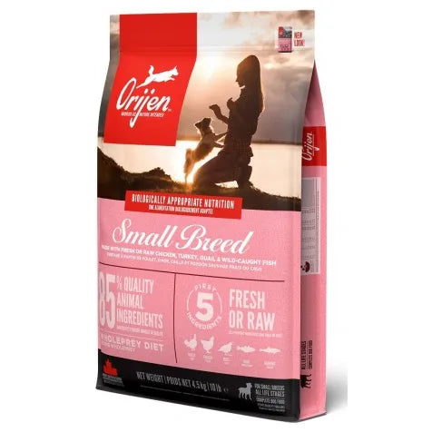 Orijen Small Breed 1.8 Kg - Dog food for small breeds with high protein and balanced nutrition, featuring easy-to-chew kibble, omega-3 and omega-6 for healthy skin and coat, and lutein for optimal eye health.