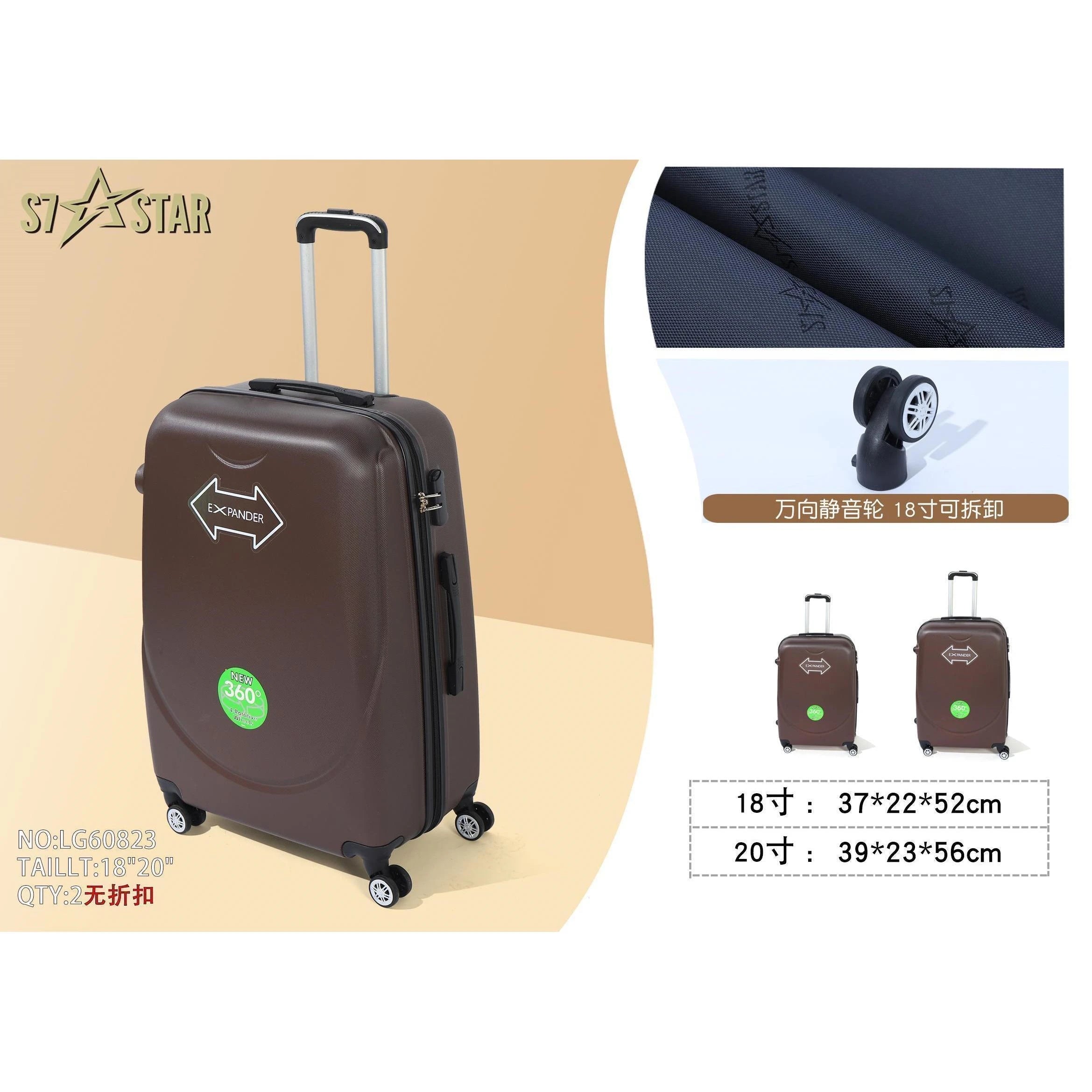 S7 STAR ABS luggage set with 4 pieces of suitcases in sizes 18/20/24/28 inches featuring 360° silent wheels, durable ABS material, and organized interior compartments for business and travel.