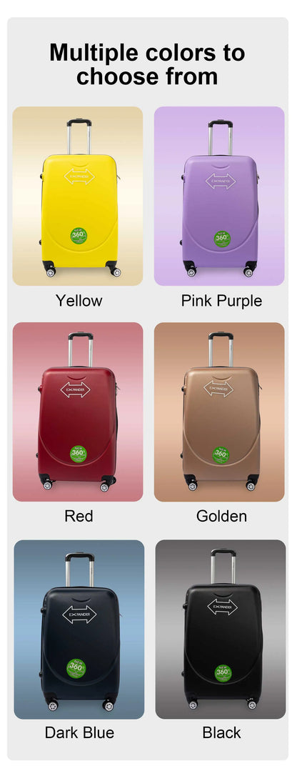 S7 STAR ABS luggage set with 4 pieces of suitcases in sizes 18/20/24/28 inches featuring 360° silent wheels, durable ABS material, and organized interior compartments for business and travel.
