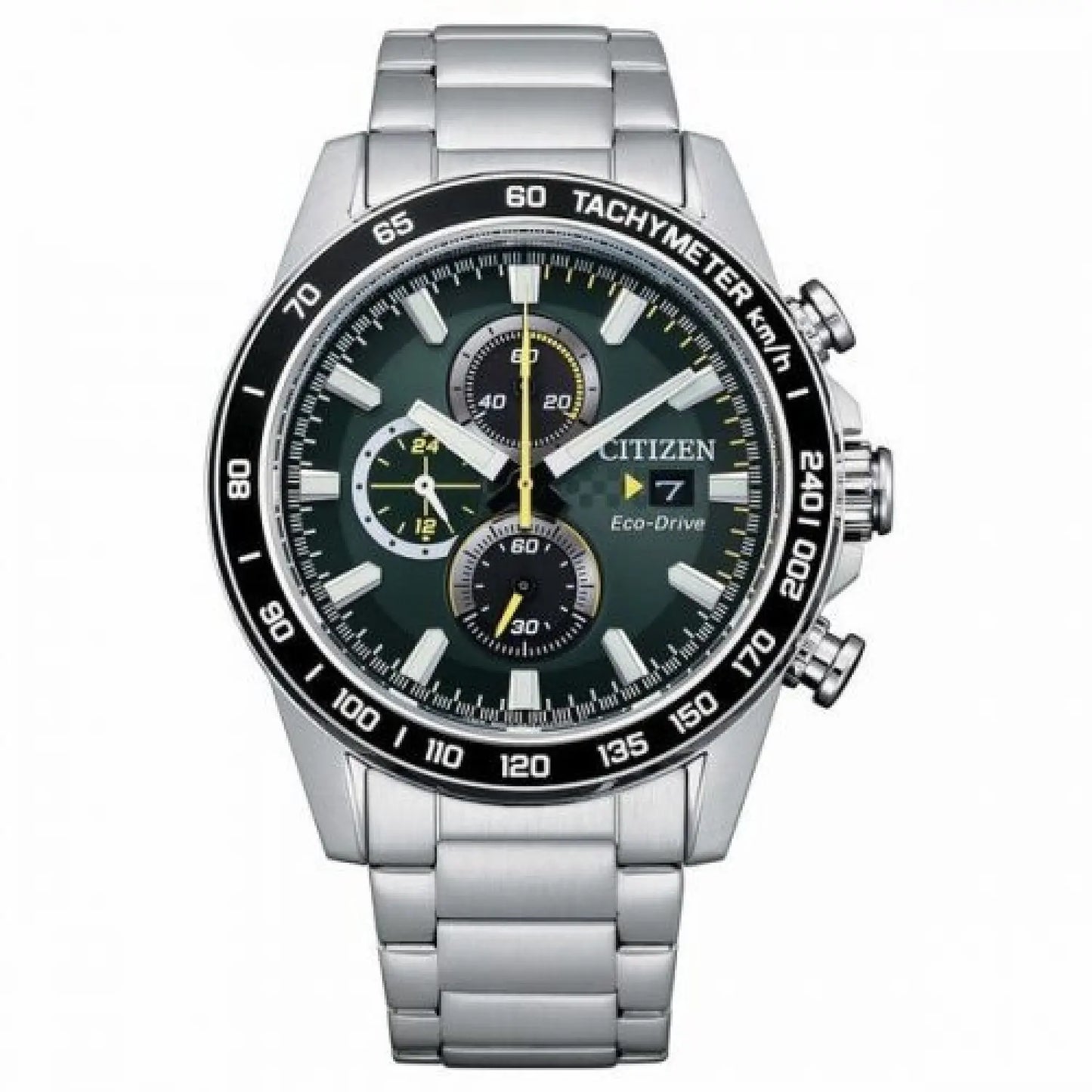 Citizen Of collection CA0780-87X men's luxury watch with stainless steel case and band, 43mm diameter, eco-drive movement, 10 ATM water resistance, chronograph functions, and luminous display for sports enthusiasts.