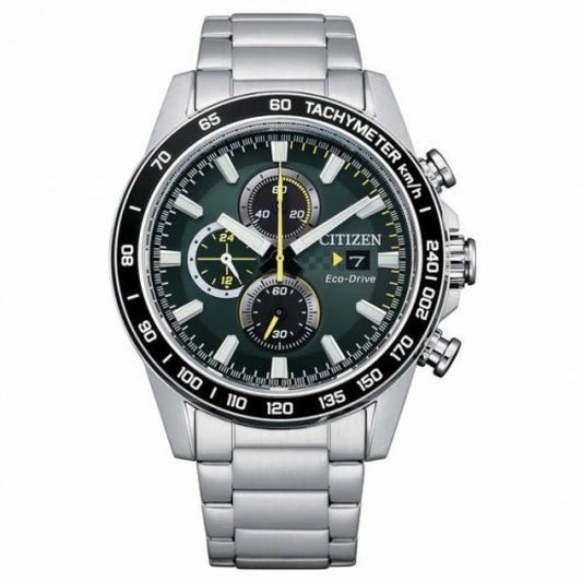 Citizen Of collection CA0780-87X men's luxury watch with stainless steel case and band, 43mm diameter, eco-drive movement, 10 ATM water resistance, chronograph functions, and luminous display for sports enthusiasts.