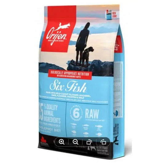 Orijen Organic Dog Food with Six Fish 11.4 Kg - High protein 38%, made from 100% natural ingredients, ideal for adult dogs with food allergies or intolerances, ensuring balanced nutrition and optimal digestion.