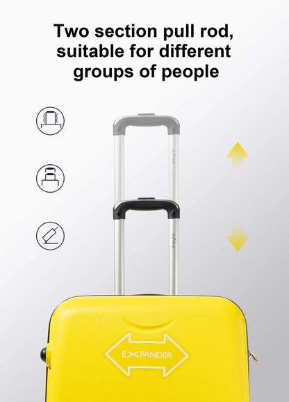S7 STAR ABS luggage set with 4 pieces of suitcases in sizes 18/20/24/28 inches featuring 360° silent wheels, durable ABS material, and organized interior compartments for business and travel.