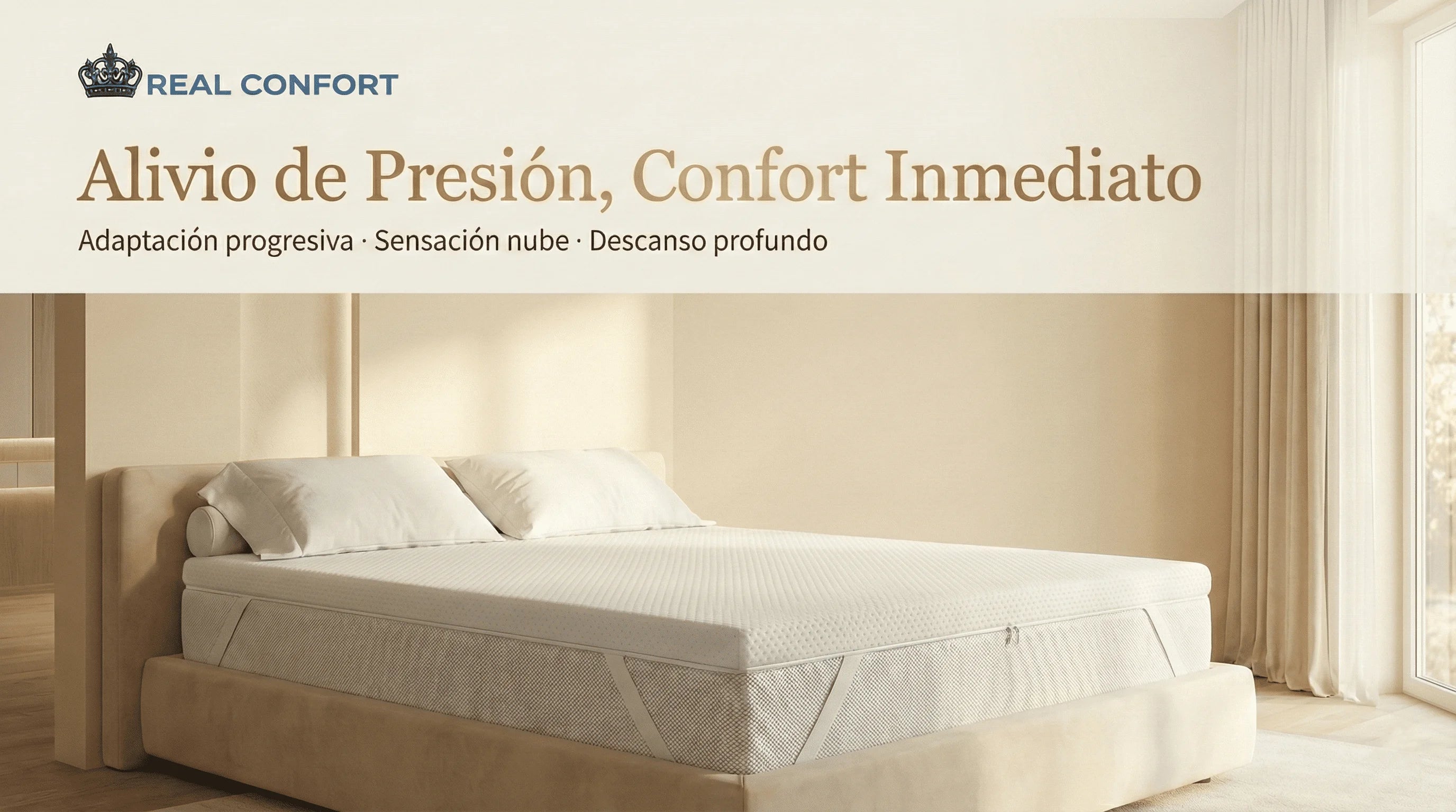 REAL CONFORT Topper 100% Authentic High Density Viscoelastic Mattress, breathable and washable cover, anti-allergic, designed for maximum comfort and stability with non-slip straps, made in Spain for better sleep quality.
