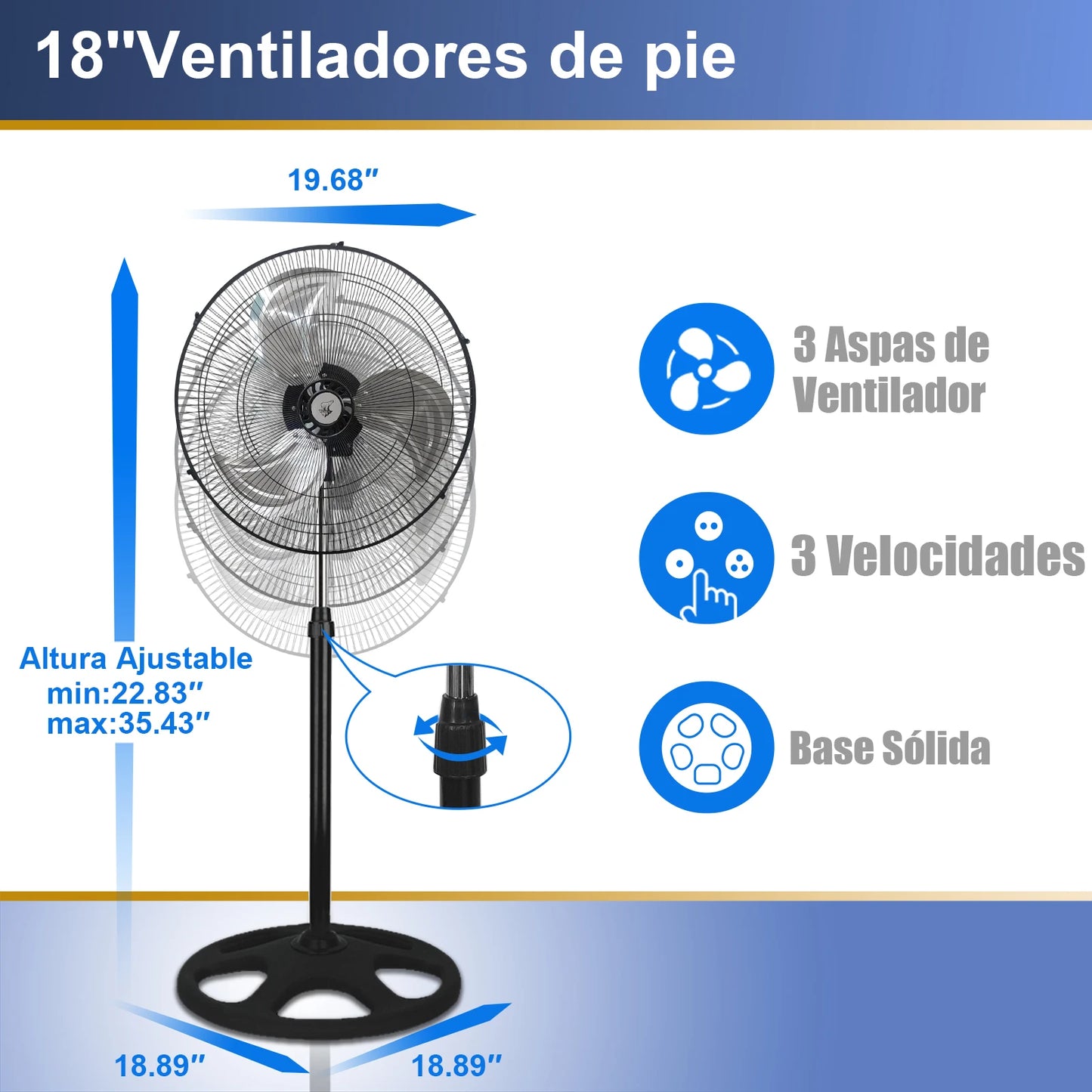 Powerful silent standing fan 80w and 18"" adjustable height 58-90cm and 3 speeds. New with metallic blades |   Artree
