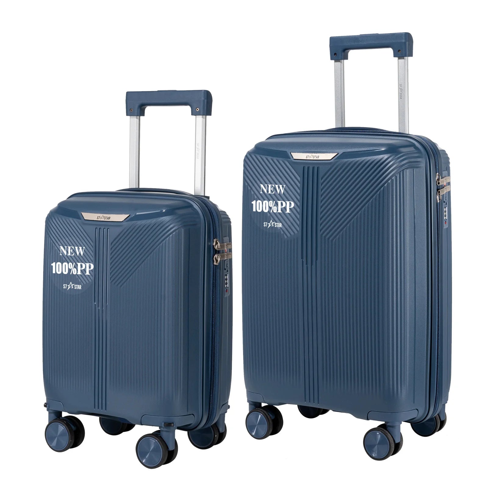S7 STAR 2-piece suitcase set with lightweight polypropylene, featuring silent spinner wheels, 3-height lockable handle, combination locks, and a toiletry bag, ideal for travel and available in large, medium, and cabin sizes.