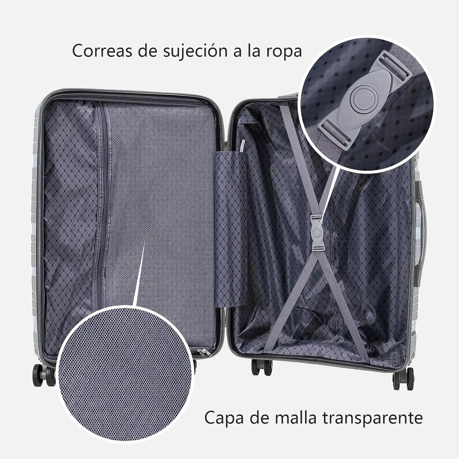 Artree 4-Piece Set of Rigid Travel Suitcases with Security Lock and 360° Double Wheels, featuring durable polypropylene construction, organized interior compartments, and lightweight design, perfect for family trips.