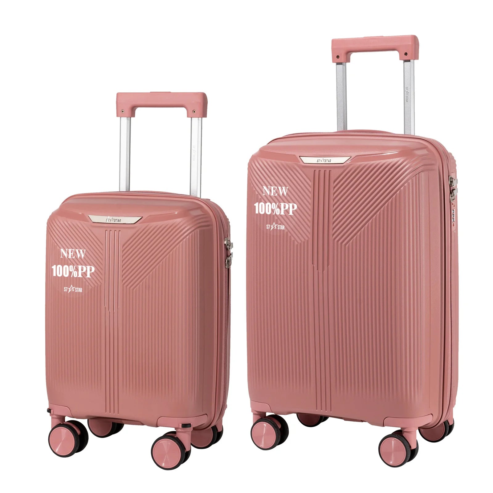 S7 STAR 2-piece suitcase set with lightweight polypropylene, featuring silent spinner wheels, 3-height lockable handle, combination locks, and a toiletry bag, ideal for travel and available in large, medium, and cabin sizes.