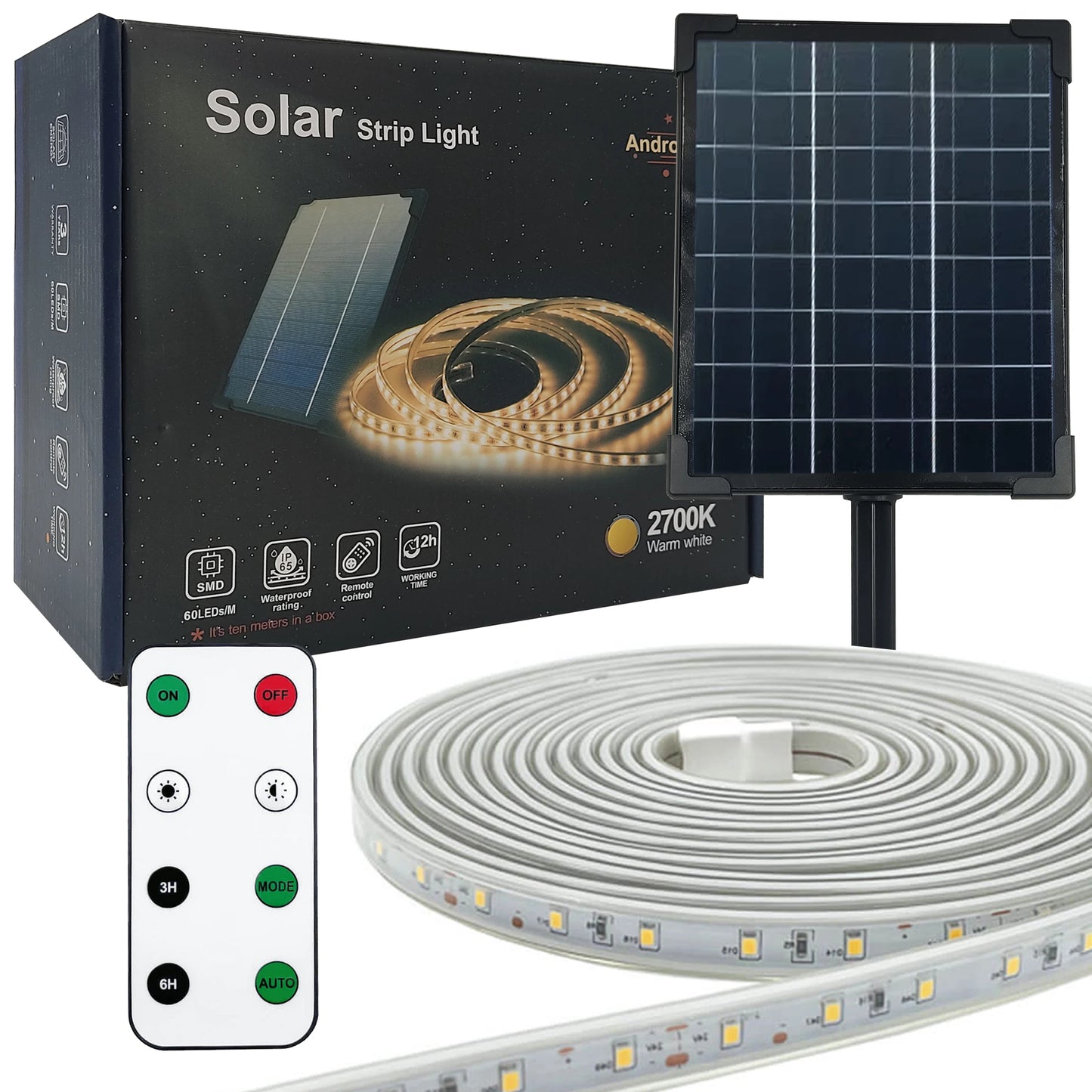Dimmable outdoor solar strip light, 3.2v, flexible, ip65 waterproof, led lights with remote control and pick for garden, warm light 2700k