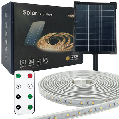 Dimmable outdoor solar strip light, 3.2v, flexible, ip65 waterproof, led lights with remote control and pick for garden, warm light 2700k