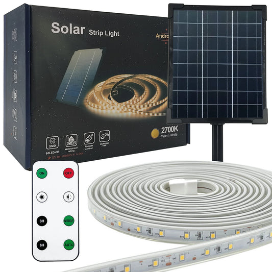 Dimmable outdoor solar strip light, 3.2v, flexible, ip65 waterproof, led lights with remote control and pick for garden, warm light 2700k