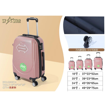 S7 STAR ABS luggage set with 4 pieces of suitcases in sizes 18/20/24/28 inches featuring 360° silent wheels, durable ABS material, and organized interior compartments for business and travel.
