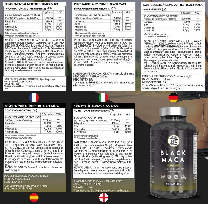 Hn - healthy nutrition black andina peruvian maca with l arginine - high concentration - vitamins b6 and b12 help reduce tiredness and fatigue - maca for men and women (50 caps)