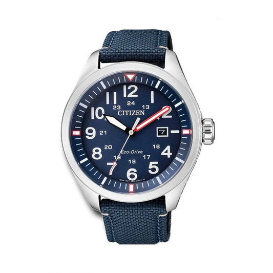Citizen Men's Watch AW5000-16L, Solar Eco Drive, 42mm Silver Stainless Steel Case, Blue Dial, Nylon Band, 10 ATM Water Resistant, Analog Display with Luminous Hands and Date, Elegant Sports Style.