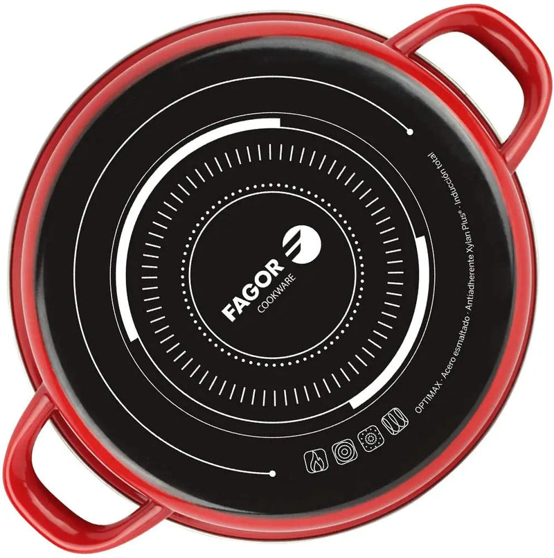 Fagor optimax - red enameled steel pot, non-stick two-layer, pfoa free, all kitchens, induction, thermo-resistant glass lid