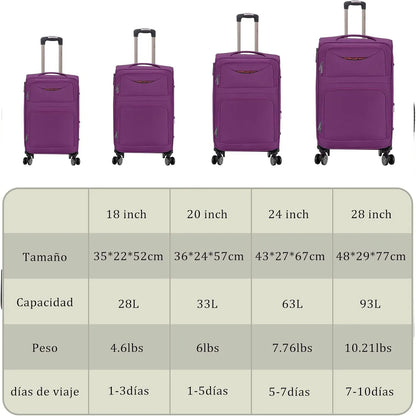 Artree | Set of 4 Trolley Suitcases with 360° Spinner Wheels, made of durable waterproof Oxford fabric, includes 18", 20", 24", and 28" sizes, perfect for organized travel with expandable design and telescopic handle.