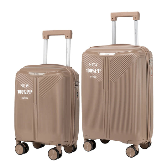 S7 STAR 2-piece suitcase set with lightweight polypropylene, featuring silent spinner wheels, 3-height lockable handle, combination locks, and a toiletry bag, ideal for travel and available in large, medium, and cabin sizes.