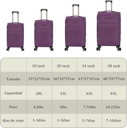 Artree | Set of 4 Trolley Suitcases with 360° Spinner Wheels, made of durable waterproof Oxford fabric, includes 18", 20", 24", and 28" sizes, perfect for organized travel with expandable design and telescopic handle.