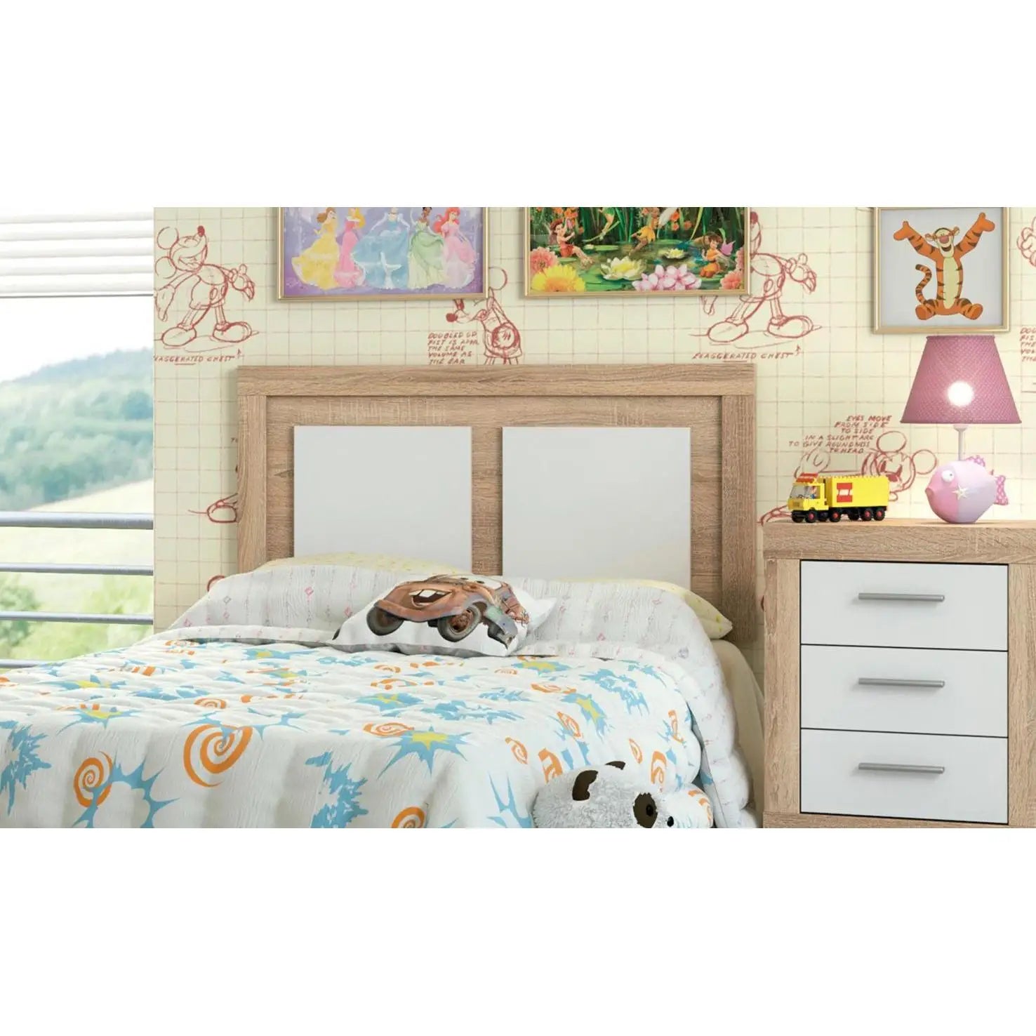 Youth headboard model Lara 110cm in Cambria - Grafito or Blanco, made of quality melamine, with dimensions 110cm width, 3cm depth, and 59cm height, perfect for modern decor.