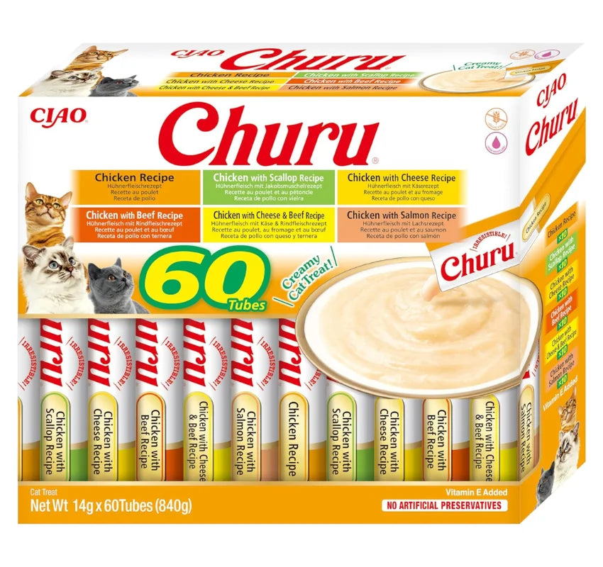 Inaba Churu Box - Cat Treats - Healthy Tuna-Based Snacks, Various Flavors - Creamy Texture - No Grains, Preservatives, Dyes - 60x14g