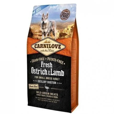 Carnilove Canine Adult Small Fresh Ostrich & Lamb 6 Kg, a grain-free dog food formulated for small breeds with high protein content from fresh ostrich and lamb, supports joint health, skin, and coat with omega fatty acids for
