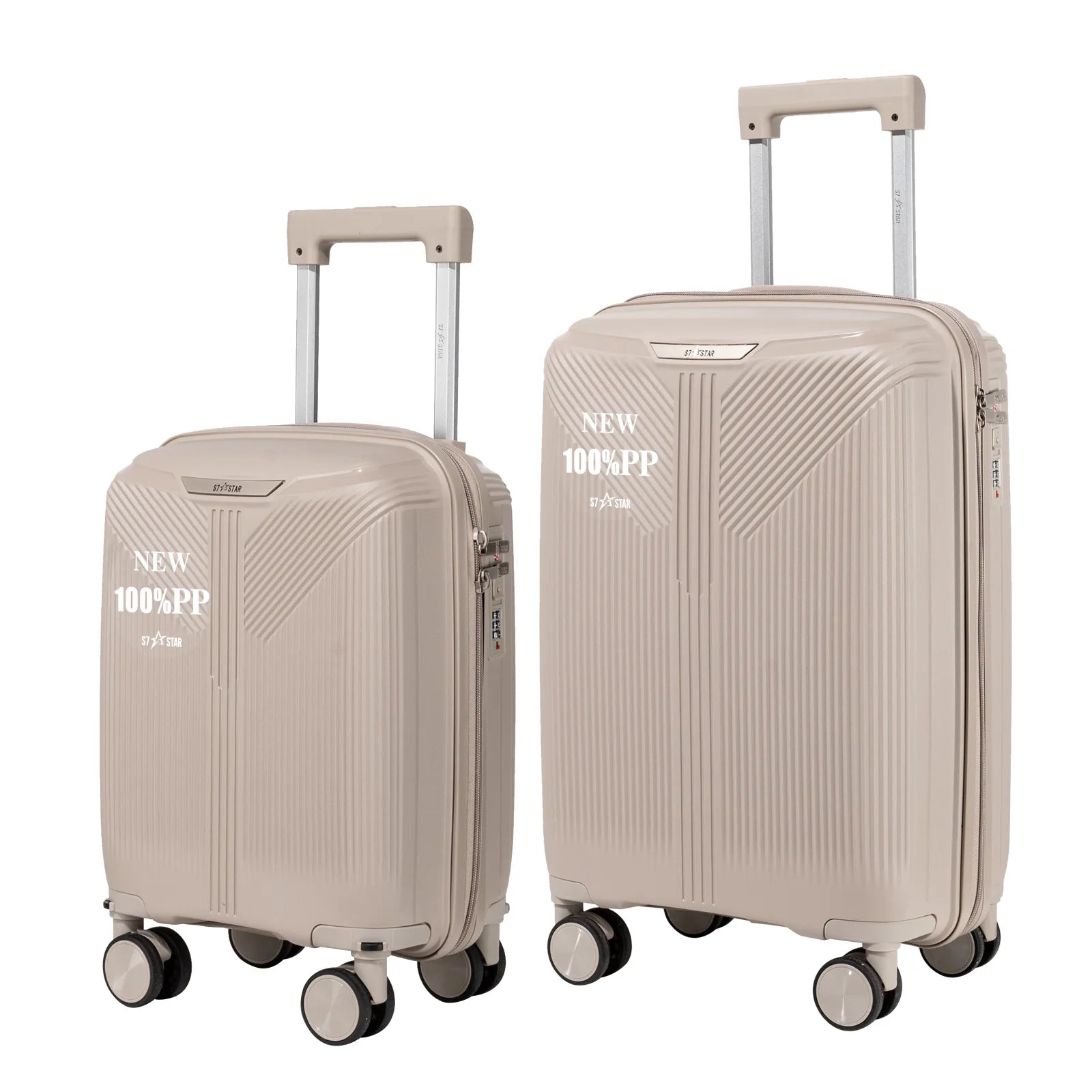 S7 STAR 2-piece suitcase set with lightweight polypropylene, featuring silent spinner wheels, 3-height lockable handle, combination locks, and a toiletry bag, ideal for travel and available in large, medium, and cabin sizes.