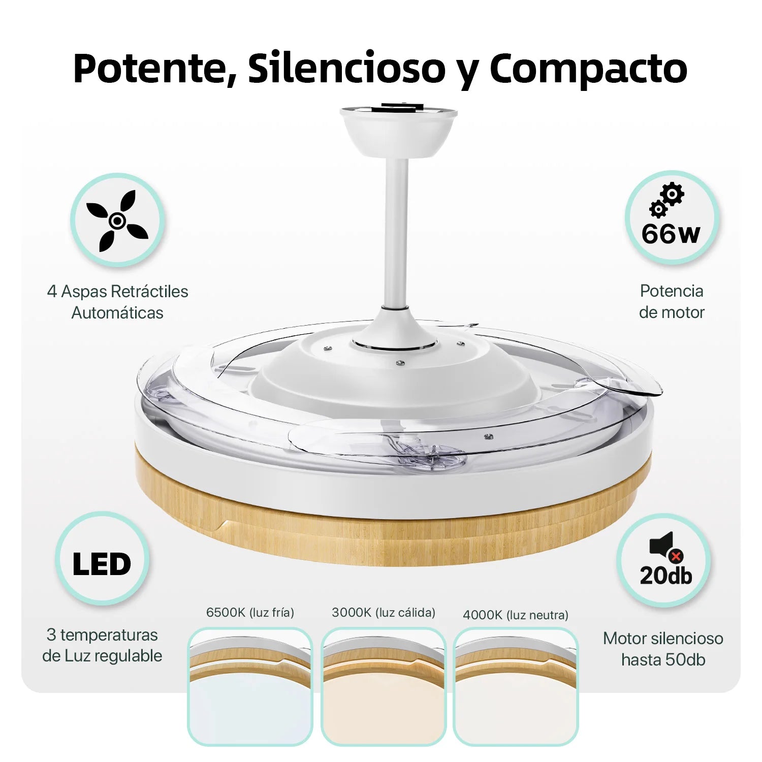OstarkDom Ceiling Fan with Light 132cm, remote control, silent DC motor with 6 speeds, CCT dimmable LED light, timer function, modern aluminum and wood design, ideal for living rooms and bedrooms.
