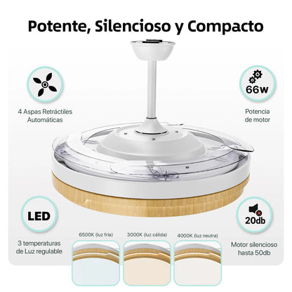OstarkDom Ceiling Fan with Light 132cm, remote control, silent DC motor with 6 speeds, CCT dimmable LED light, timer function, modern aluminum and wood design, ideal for living rooms and bedrooms.
