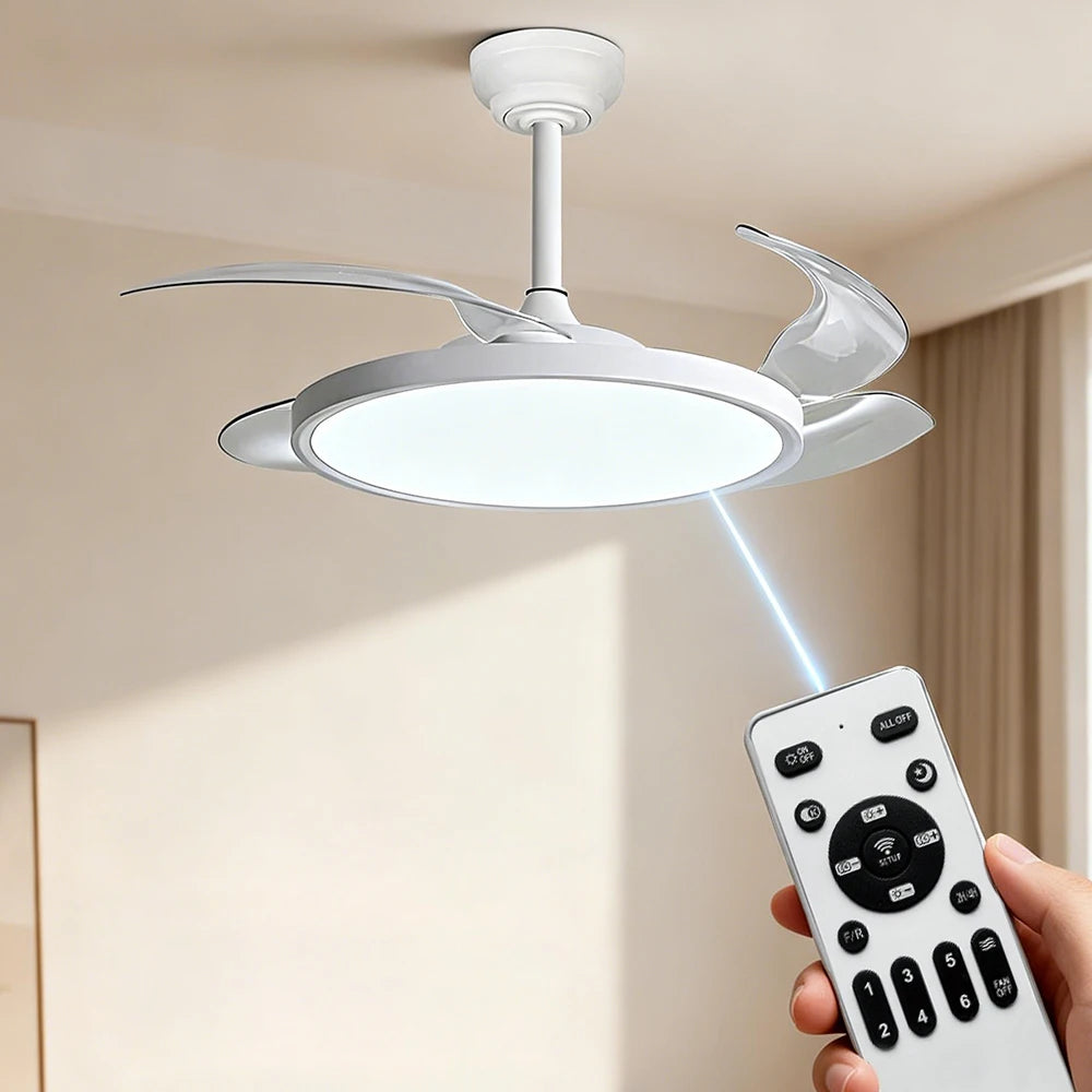 OstarkDom Ceiling Fan with Light 132cm, remote control, silent DC motor with 6 speeds, CCT dimmable LED light, timer function, modern aluminum and wood design, ideal for living rooms and bedrooms.