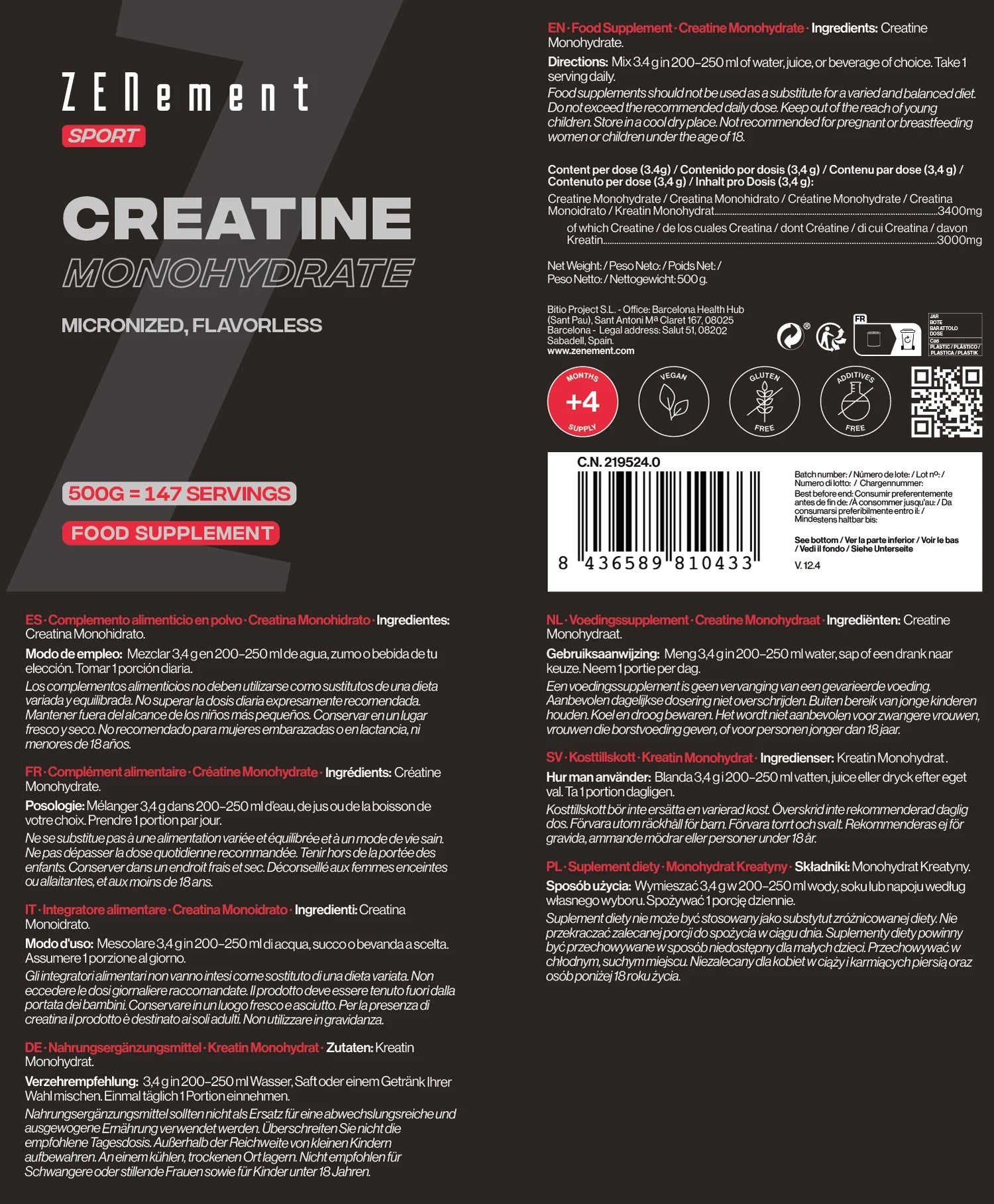 Pure creatine monohydrate powder - 500g zenement