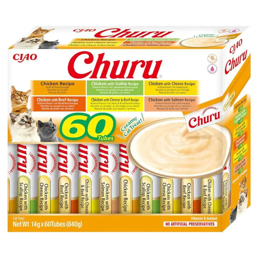 Inaba Churu Box - Cat Treats - Healthy Tuna-Based Snacks, Various Flavors - Creamy Texture - No Grains, Preservatives, Dyes - 60x14g