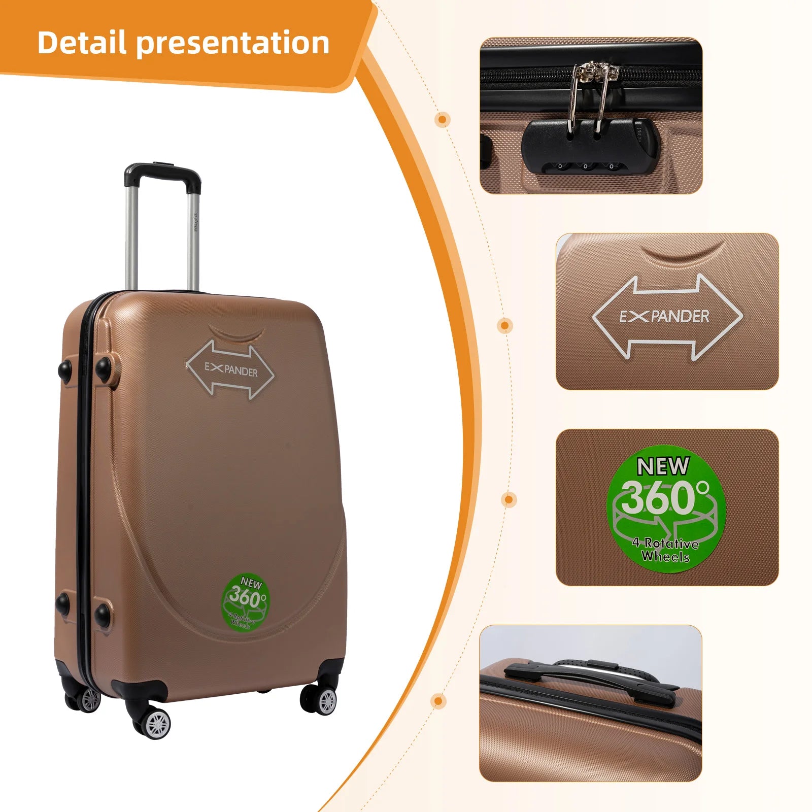 S7 STAR ABS luggage set with 4 pieces of suitcases in sizes 18/20/24/28 inches featuring 360° silent wheels, durable ABS material, and organized interior compartments for business and travel.