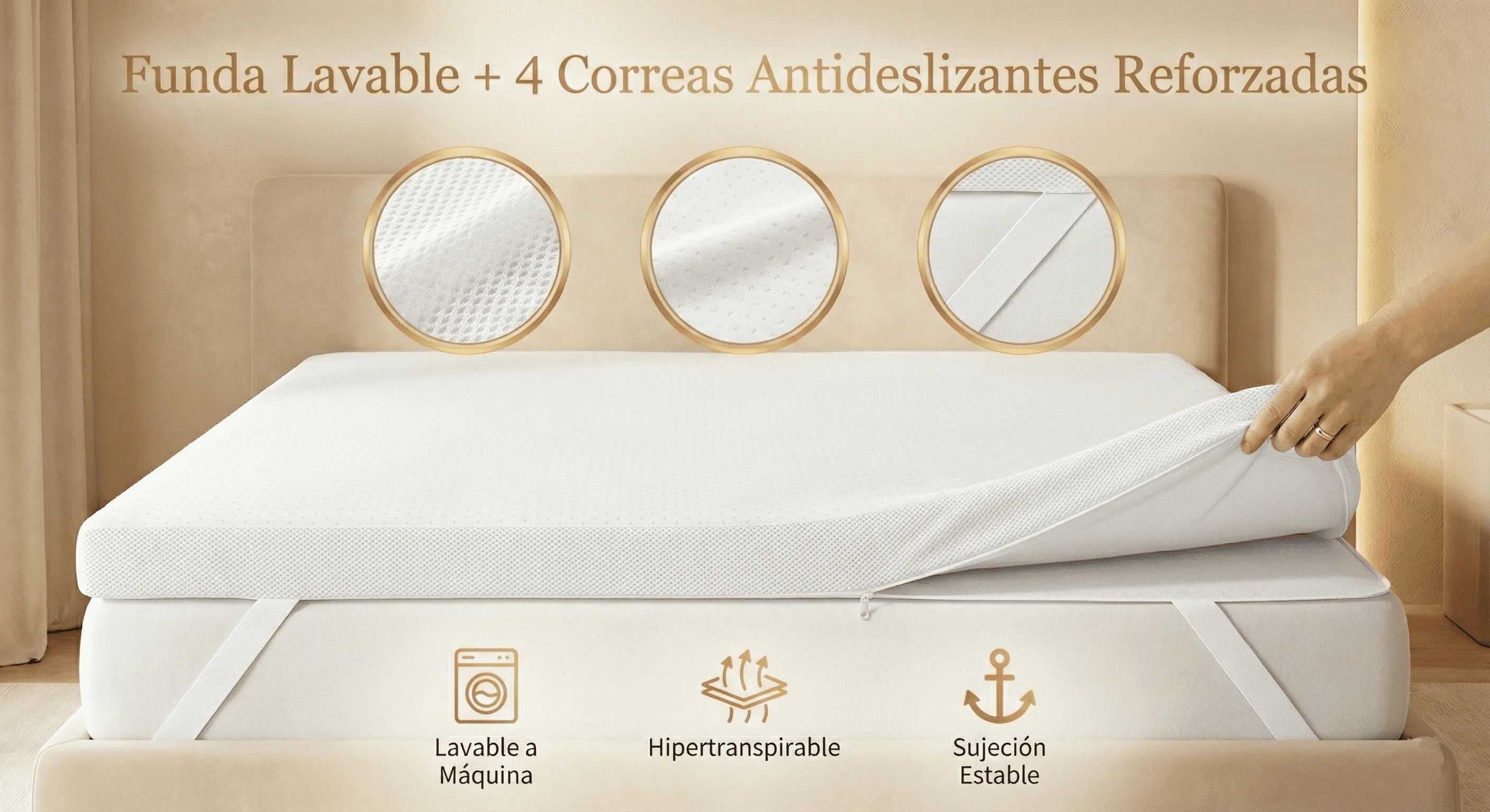 REAL CONFORT Topper 100% Authentic High Density Viscoelastic Mattress, breathable and washable cover, anti-allergic, designed for maximum comfort and stability with non-slip straps, made in Spain for better sleep quality.
