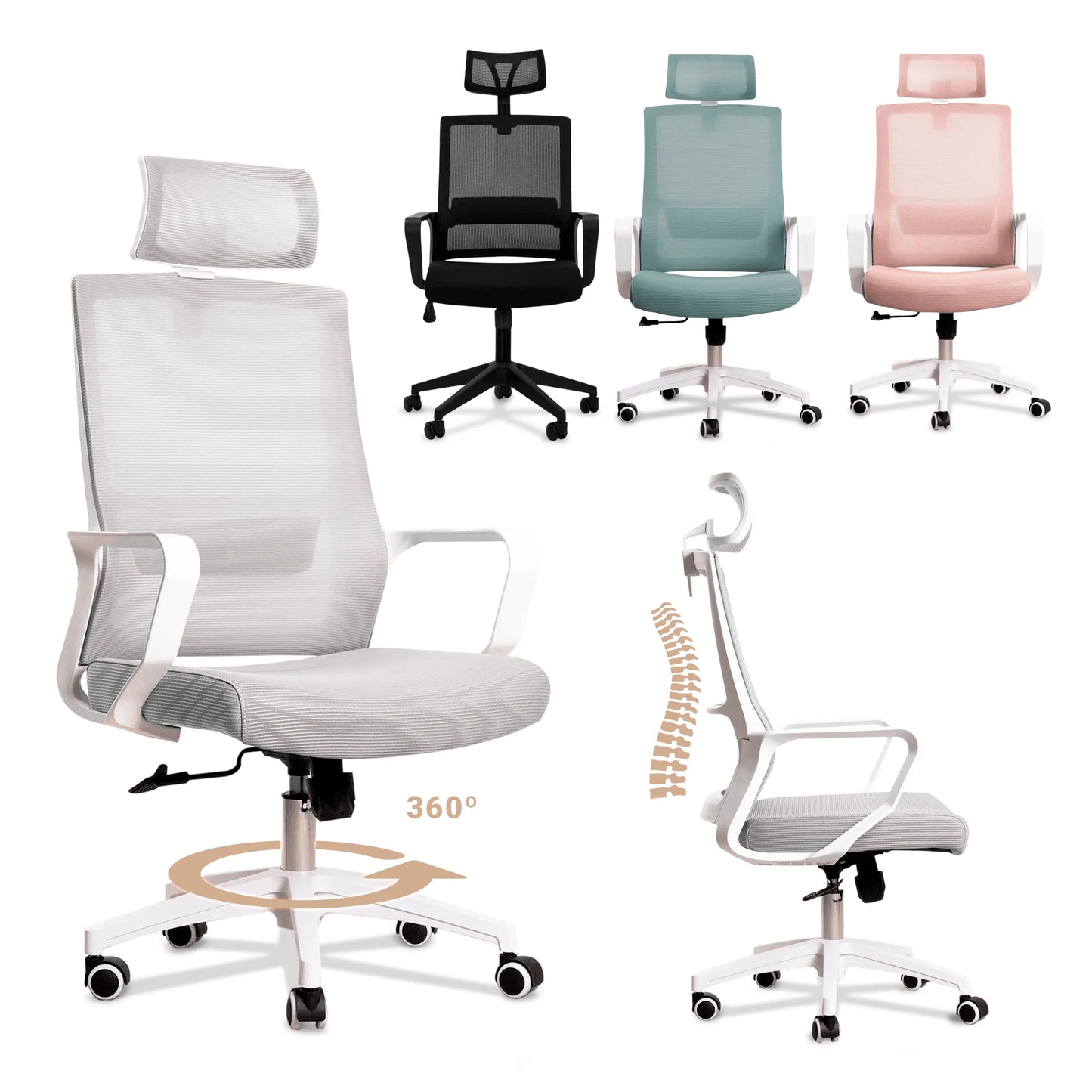Jupplies ergonomic desk chair adjustable and recliner office chair with lumbar support, adjustable headrest, breathable mesh, 360 swivel wheels °   Supports up to 100kg
