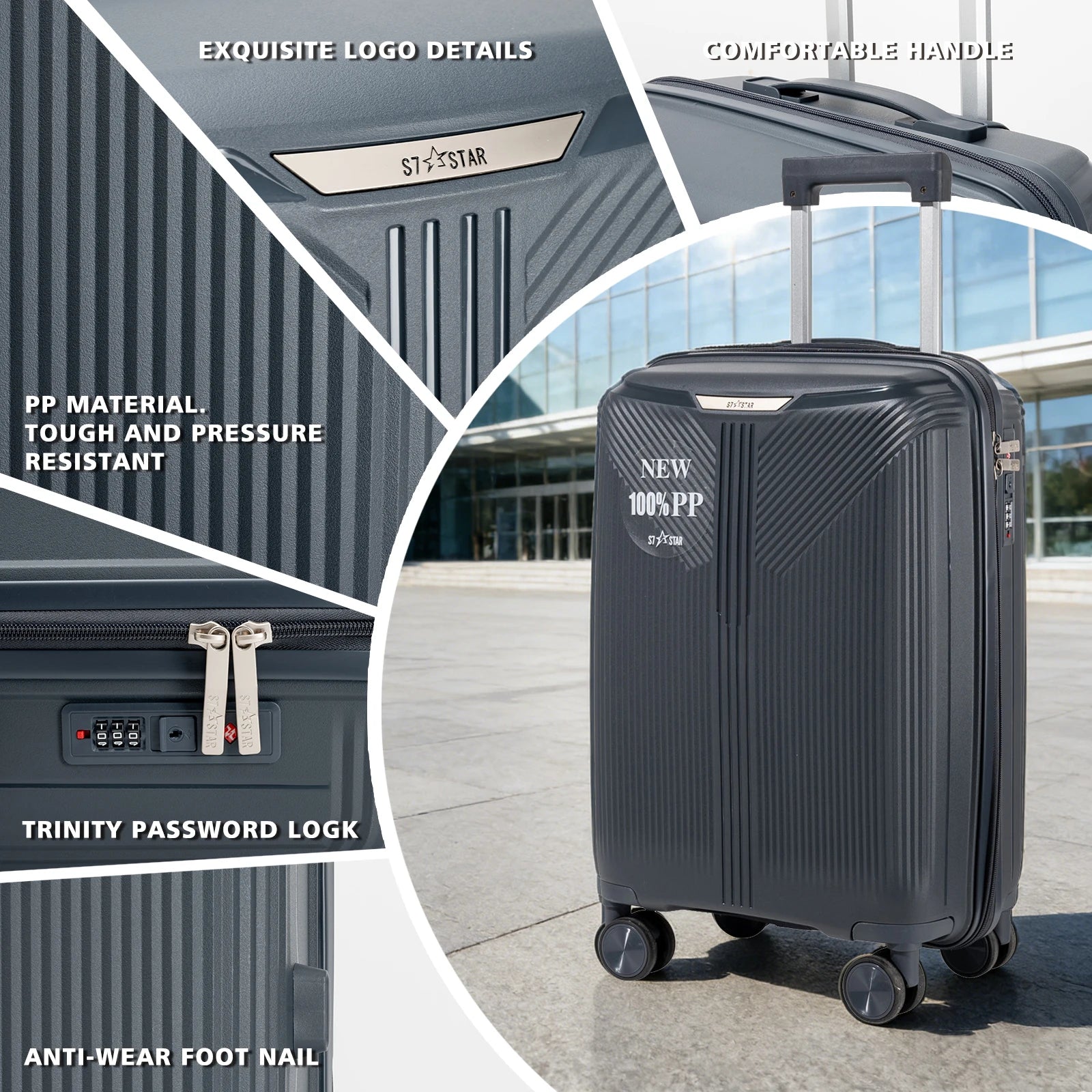 S7 STAR 2-piece suitcase set with lightweight polypropylene, featuring silent spinner wheels, 3-height lockable handle, combination locks, and a toiletry bag, ideal for travel and available in large, medium, and cabin sizes.