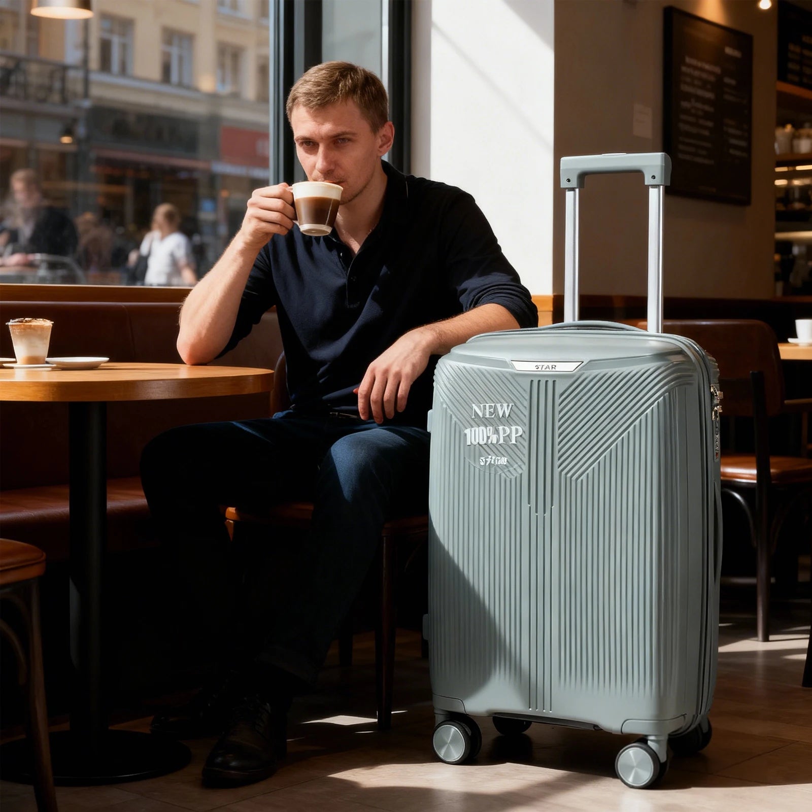 S7 STAR 2-piece suitcase set with lightweight polypropylene, featuring silent spinner wheels, 3-height lockable handle, combination locks, and a toiletry bag, ideal for travel and available in large, medium, and cabin sizes.