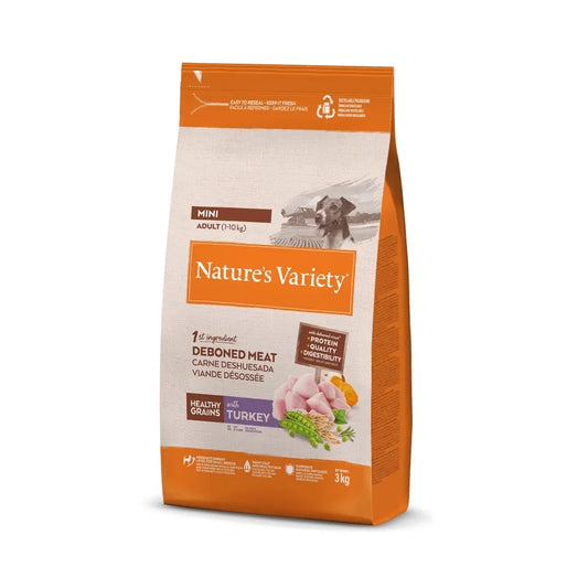 Nature's Variety Healthy Grain Adult Mini Turkey - Complete and balanced dog food for small breed adults with 20% turkey, enriched with fruits and vegetables, ensuring nutritious and tasty meals for your pet.
