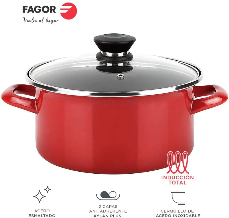 Fagor optimax - red enameled steel pot, non-stick two-layer, pfoa free, all kitchens, induction, thermo-resistant glass lid